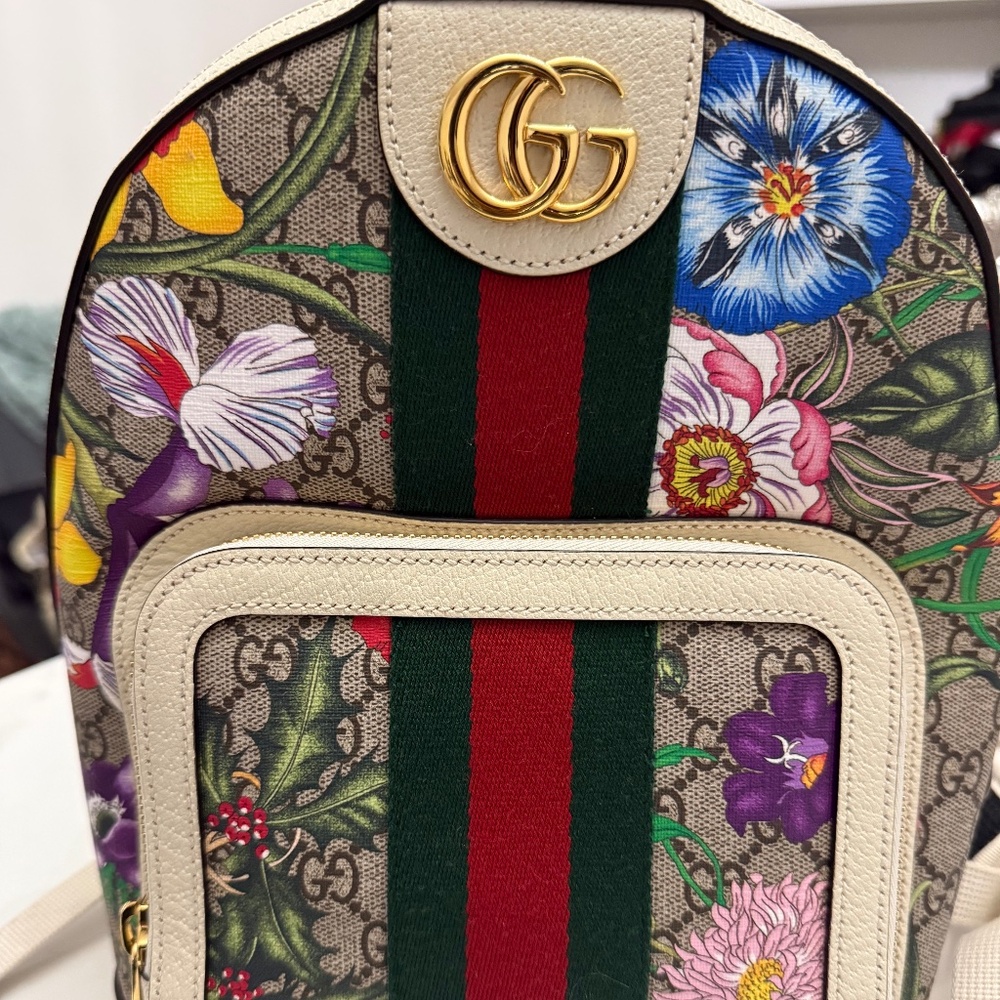 Gucci GG Supreme Flora Small Backpack with Web Stripe + Dust Bag
